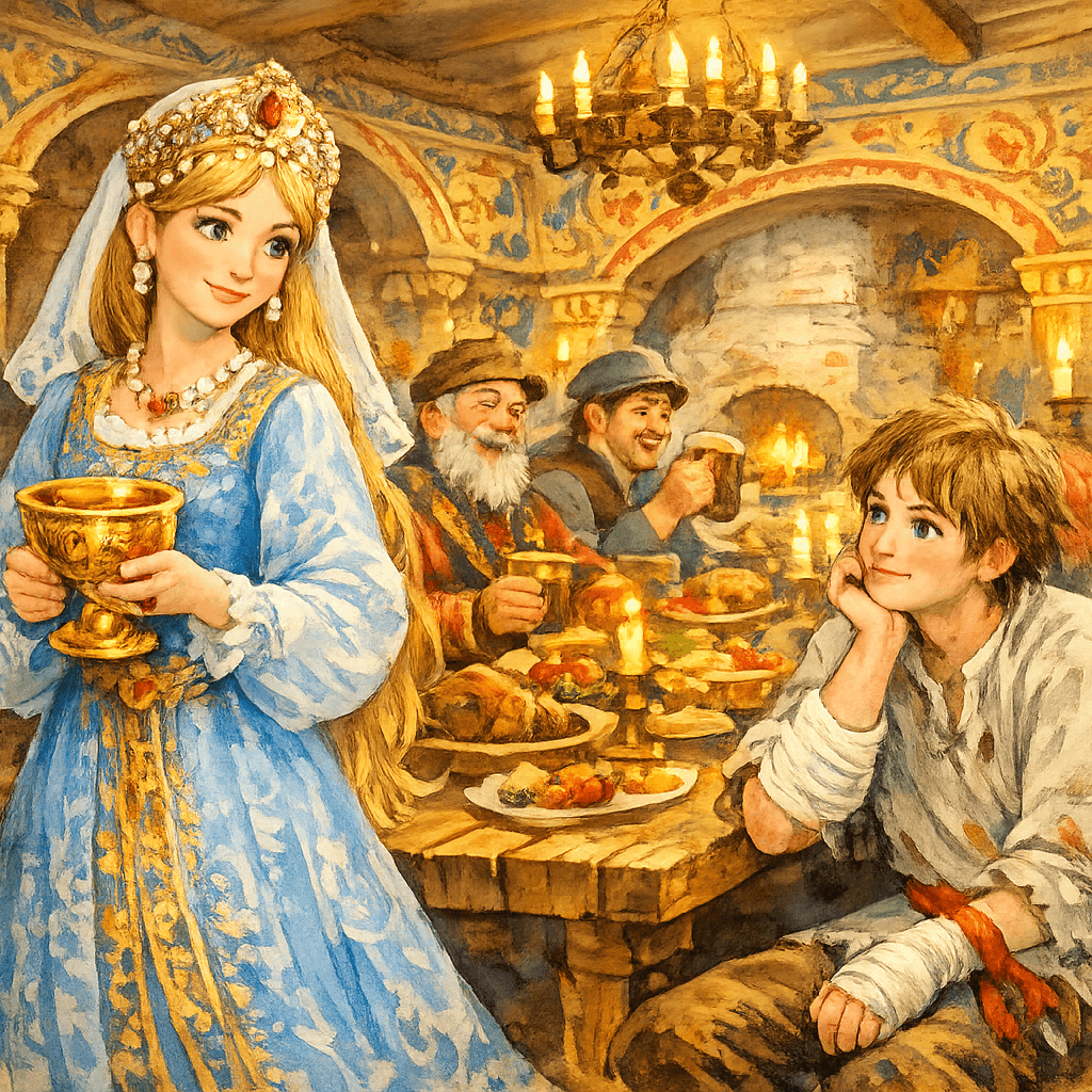 Царский пир: царевна с мёдом обходит гостей, Иванушка сидит с перевязанной рукой.