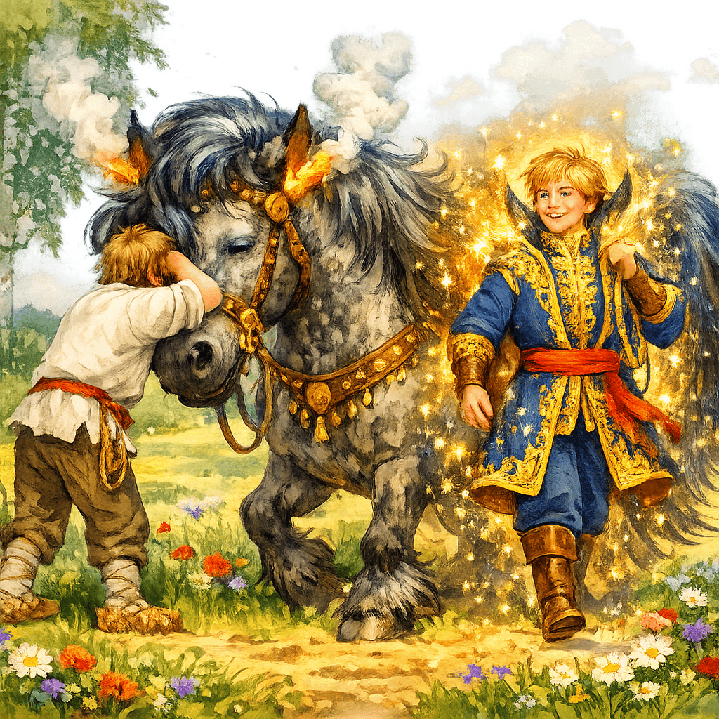 Волшебное преображение Иванушки: входит в одно ухо коня, выходит молодцом из другого.