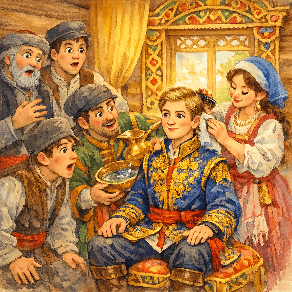 Иванушку умывают и наряжают в царское платье — все поражены его преображением.