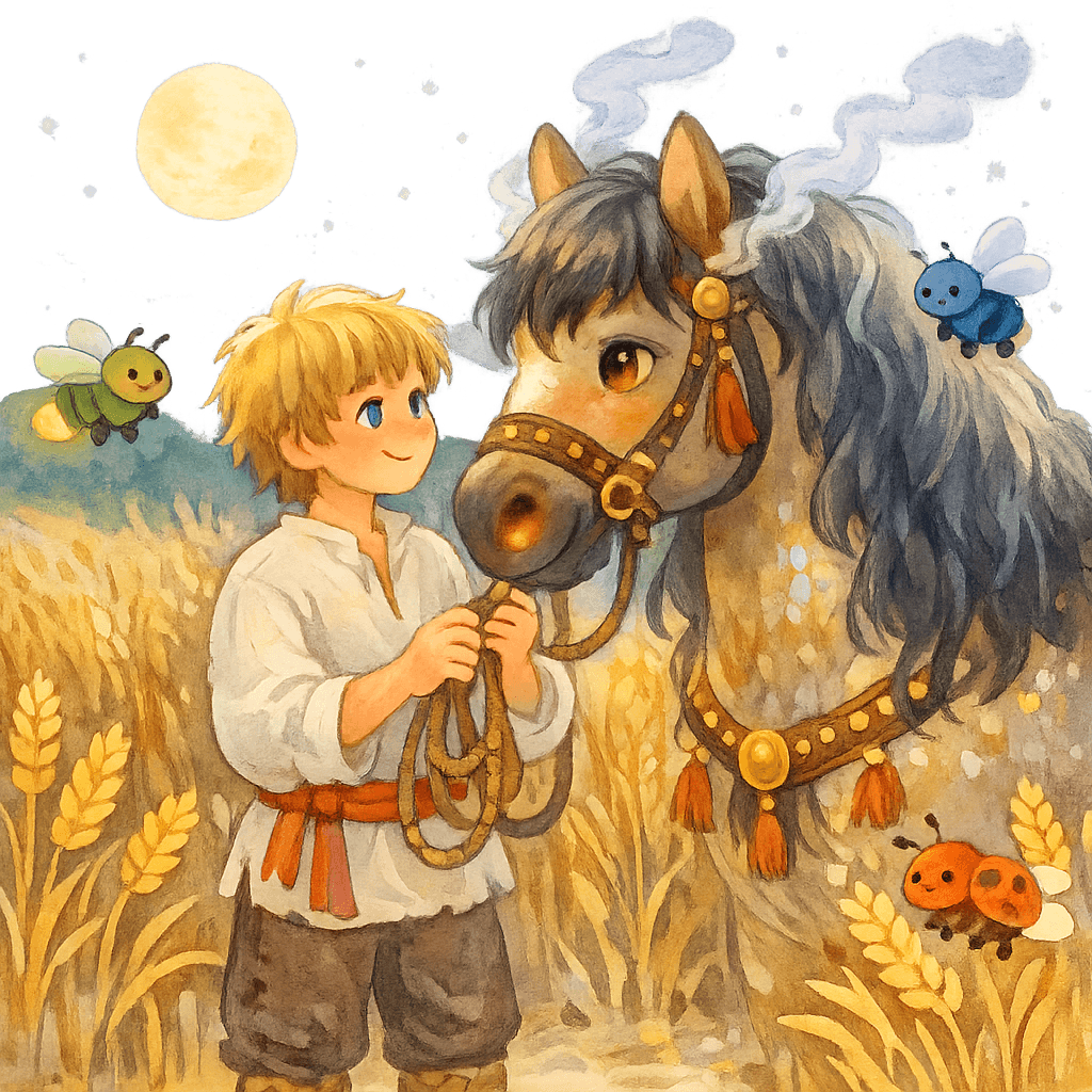 Иванушка отпускает Сивку-бурку, договорившись о помощи: лунная ночь, поле и колосья.