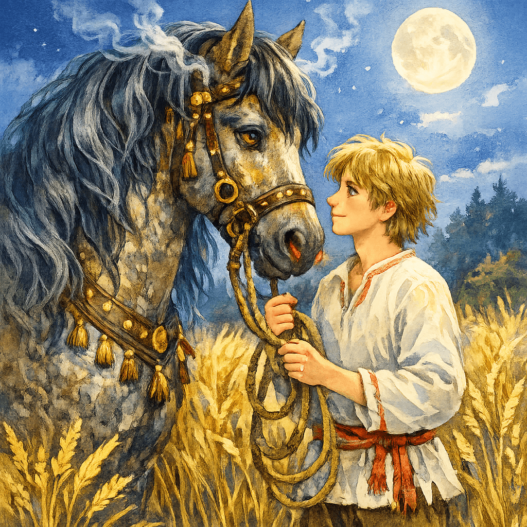 Иванушка отпускает Сивку-бурку, договорившись о помощи: лунная ночь, поле и колосья.