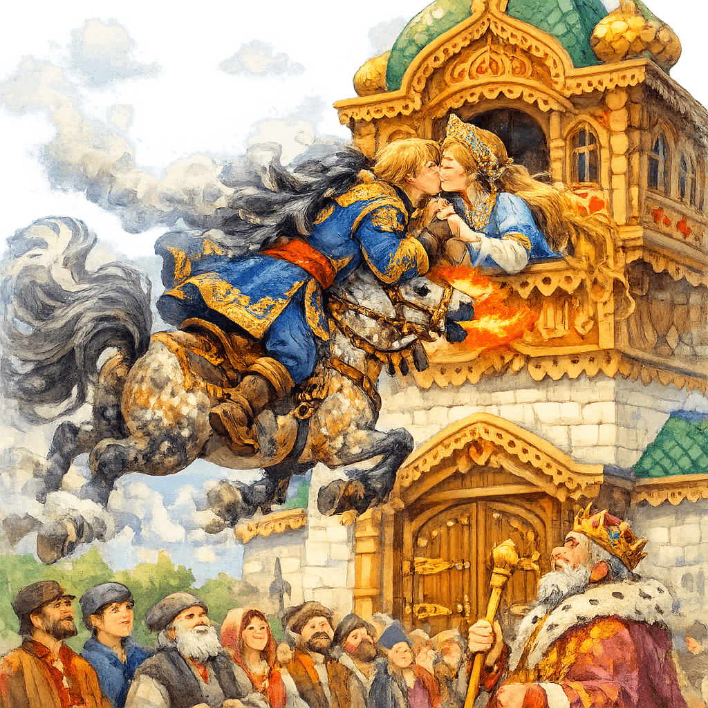 Третий прыжок: Иванушка на Сивке-бурке дотягивается до окна, царевна целует его.