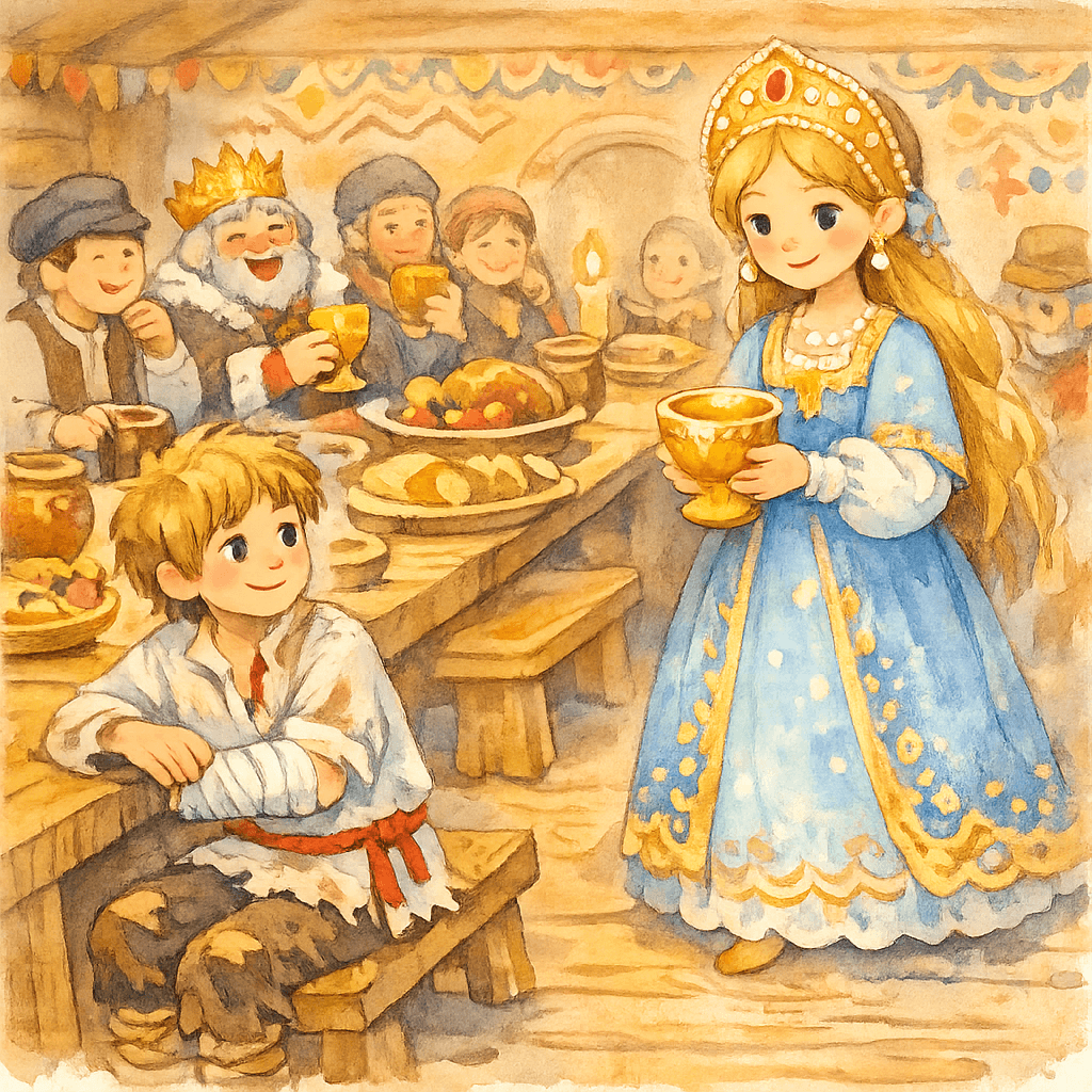 Царский пир: царевна с мёдом обходит гостей, Иванушка сидит с перевязанной рукой.