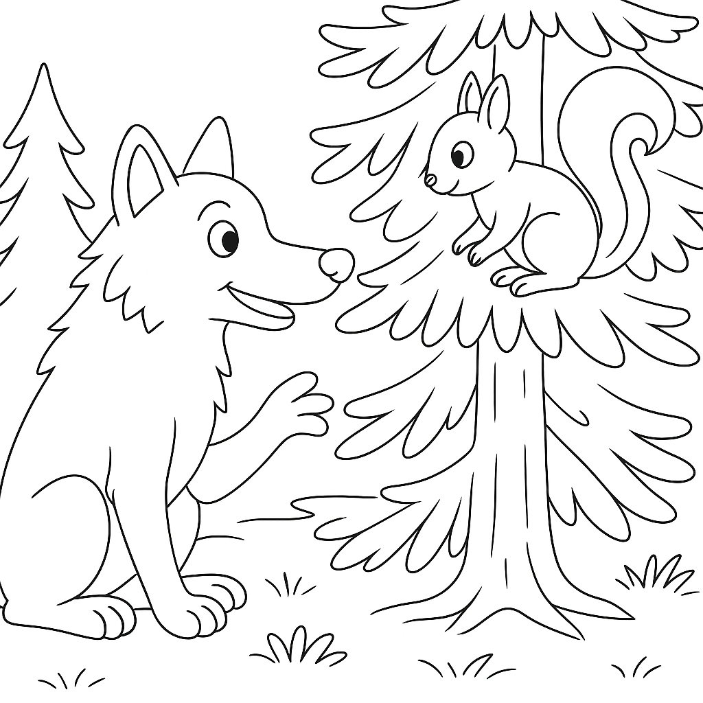 Раскраска по сказке "Белка и волк"