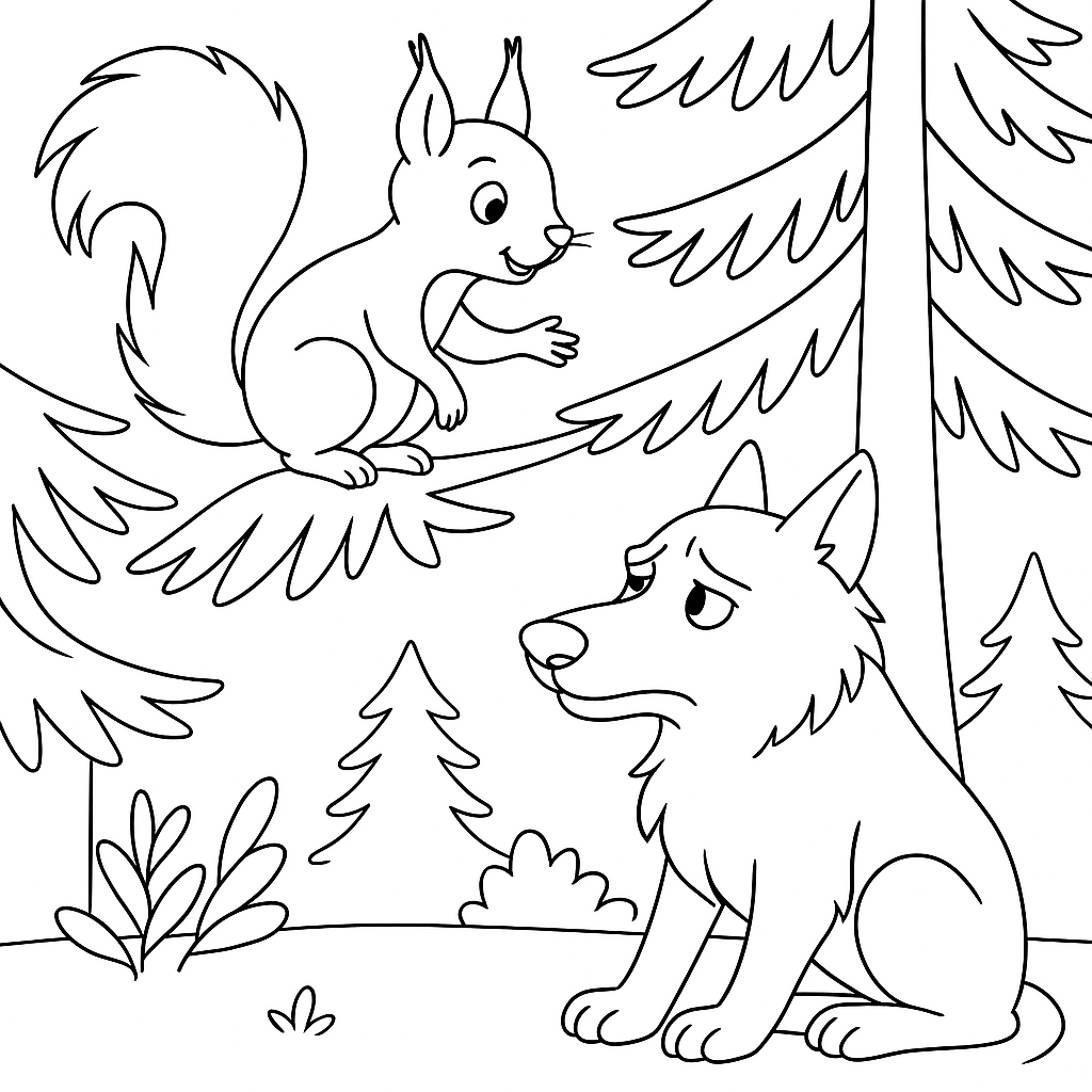 Раскраска по сказке "Белка и волк"