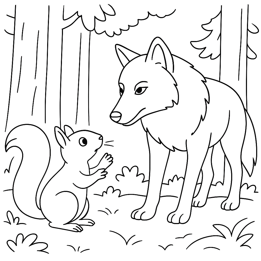 Раскраска по сказке "Белка и волк"