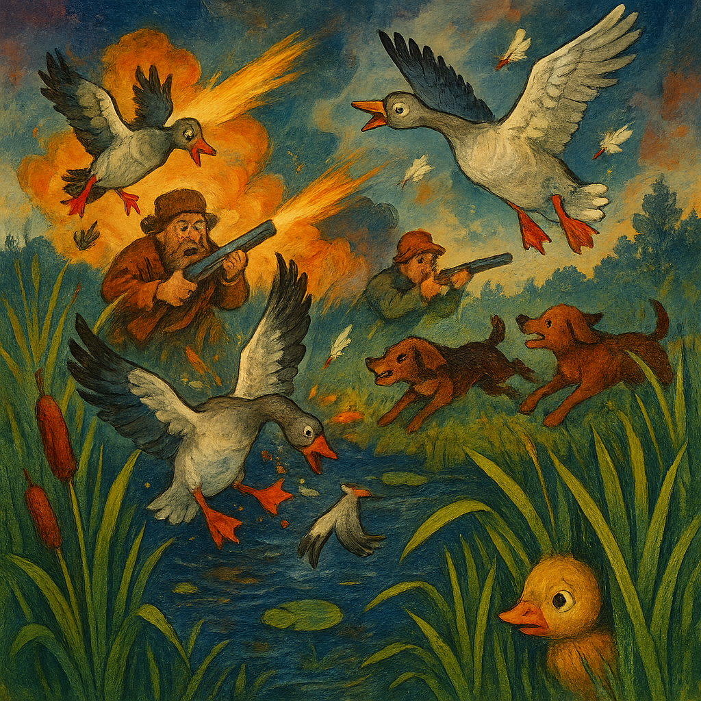 Охотники, собаки и перепуганный утёнок на болоте