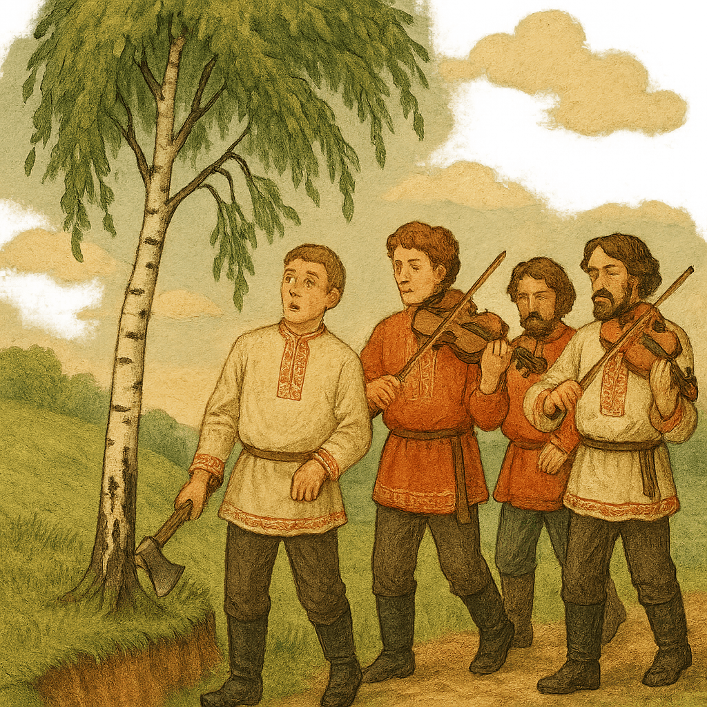 Берёзка с грустными ветвями и музыканты-скрипачи собираются её срубить