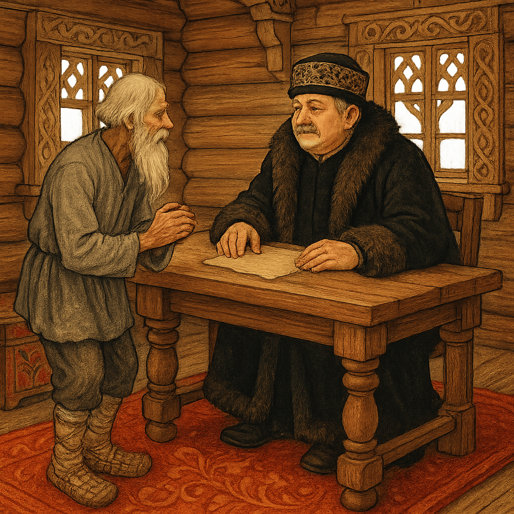 Старик объясняет свою беду судье в большой избе.