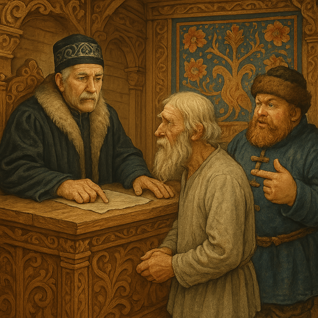 Судья допрашивает старика, а купец возмущённо указывает на него.