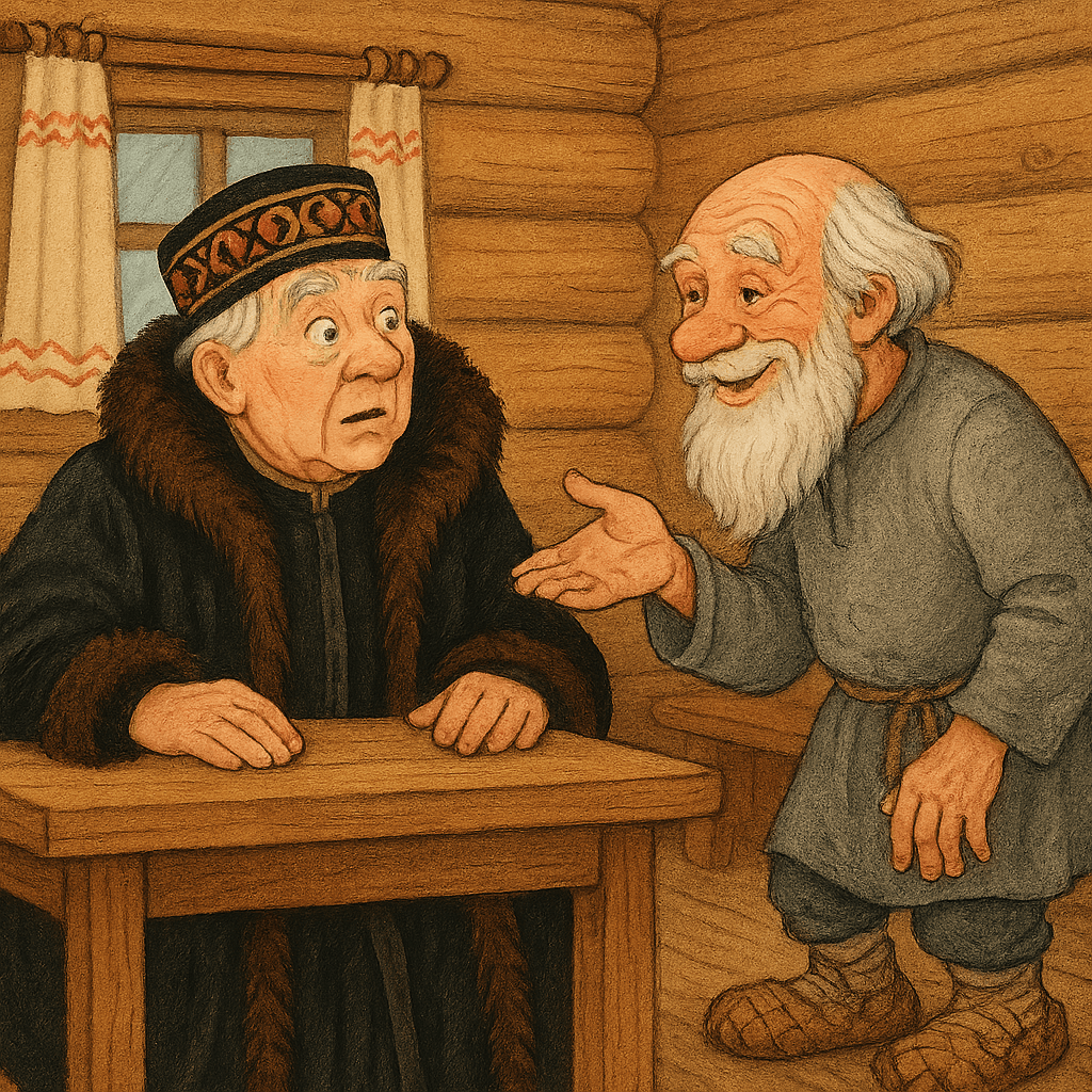 Старик весело улыбается; судья поражённо смотрит на него в пустой избе.