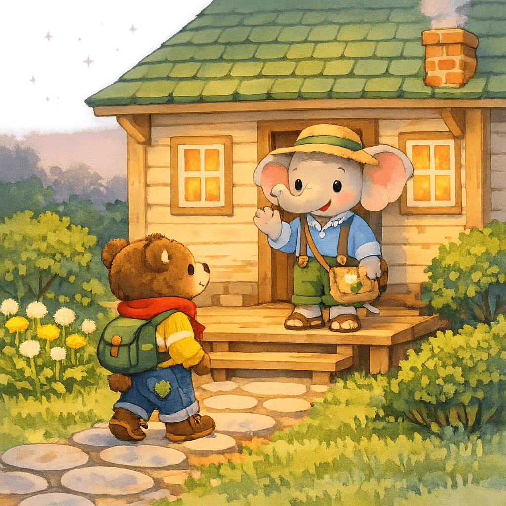 Медвежонок приходит к слонёнку в гости в прекрасный вечер у домика