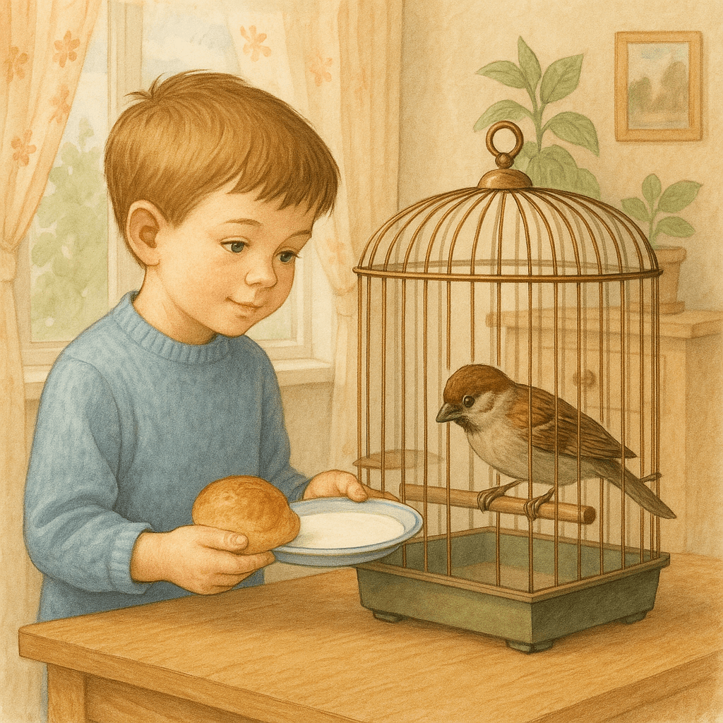Воробушек живёт в клетке, Никита кормит его молоком с булкой, мухами и червяками.