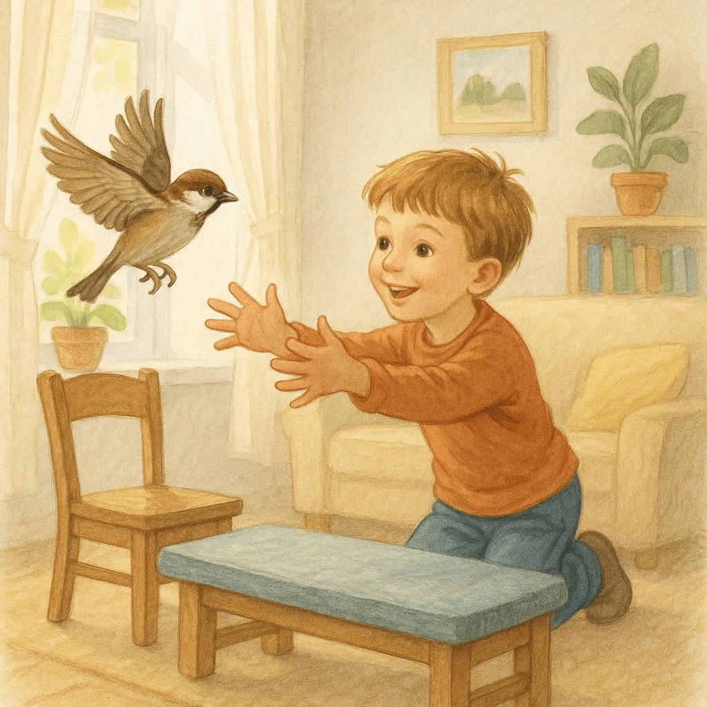 Воробей уже перелетает скамейку, стул и стол с кувшином, но с комодом не справляется.