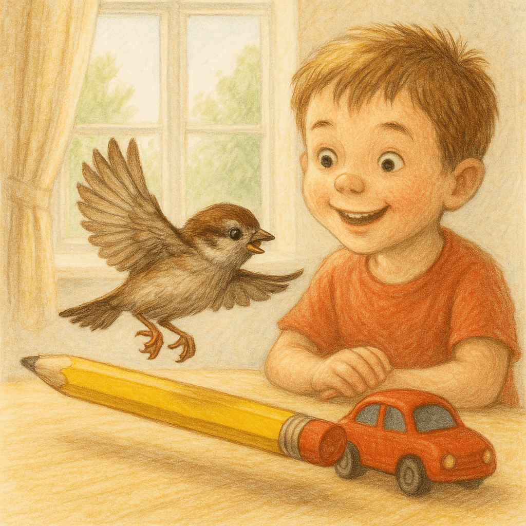 Воробей перелетает через карандаш и пожарную машинку, но ударяется о мягкую игрушечную кошку.