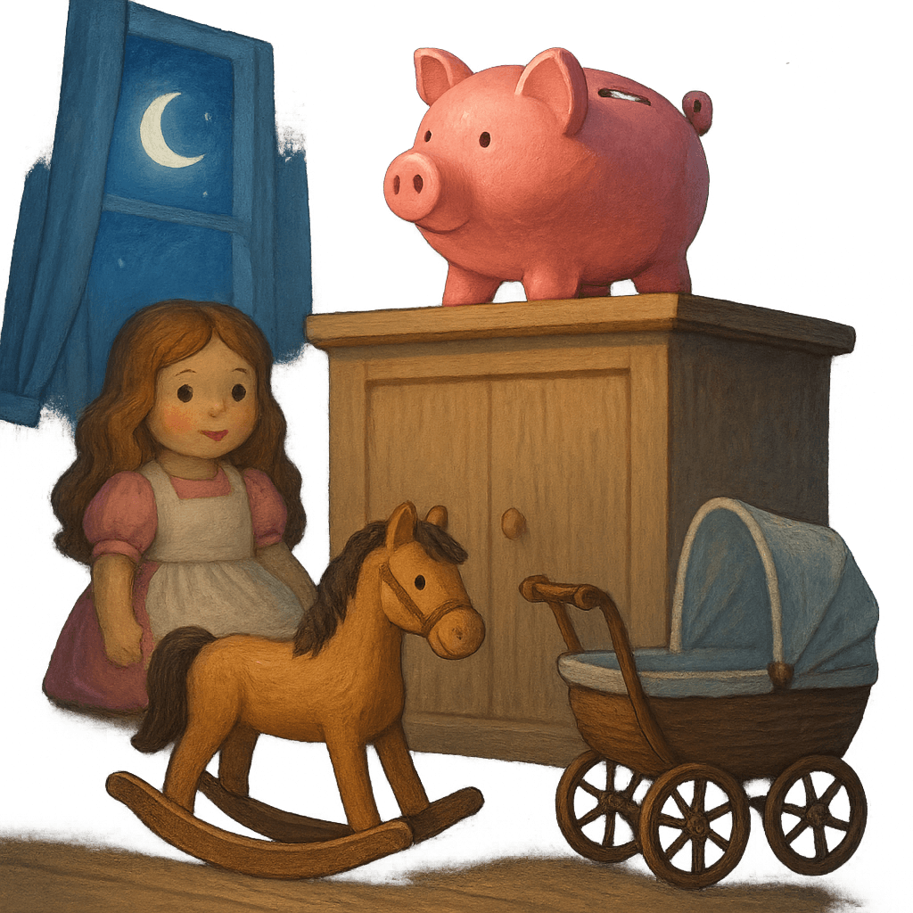 Свинья-копилка на шкафу среди игрушек