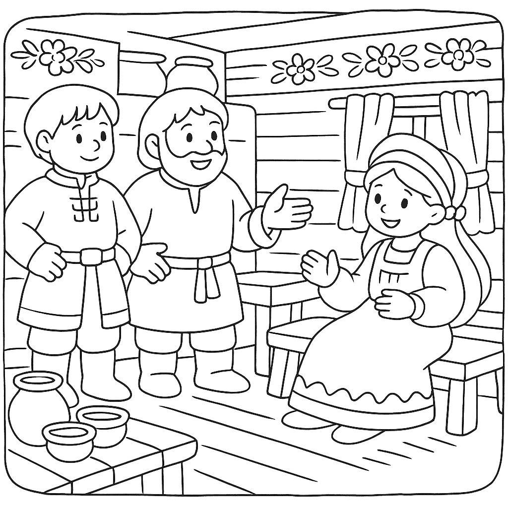 Раскраска по сказке "Сказка о строителях башни и умной жене"