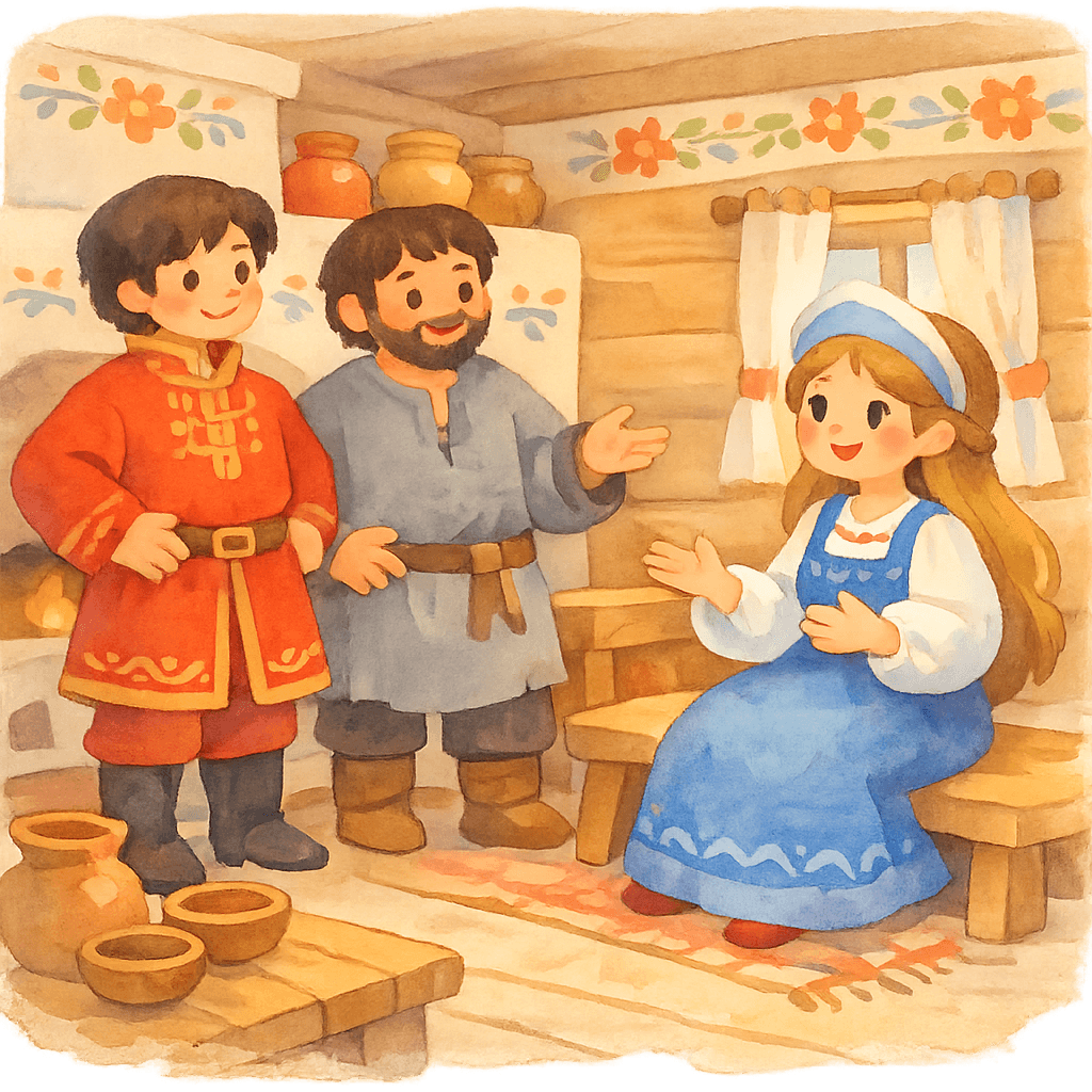 Сын князя и слуга беседуют с невесткой старика