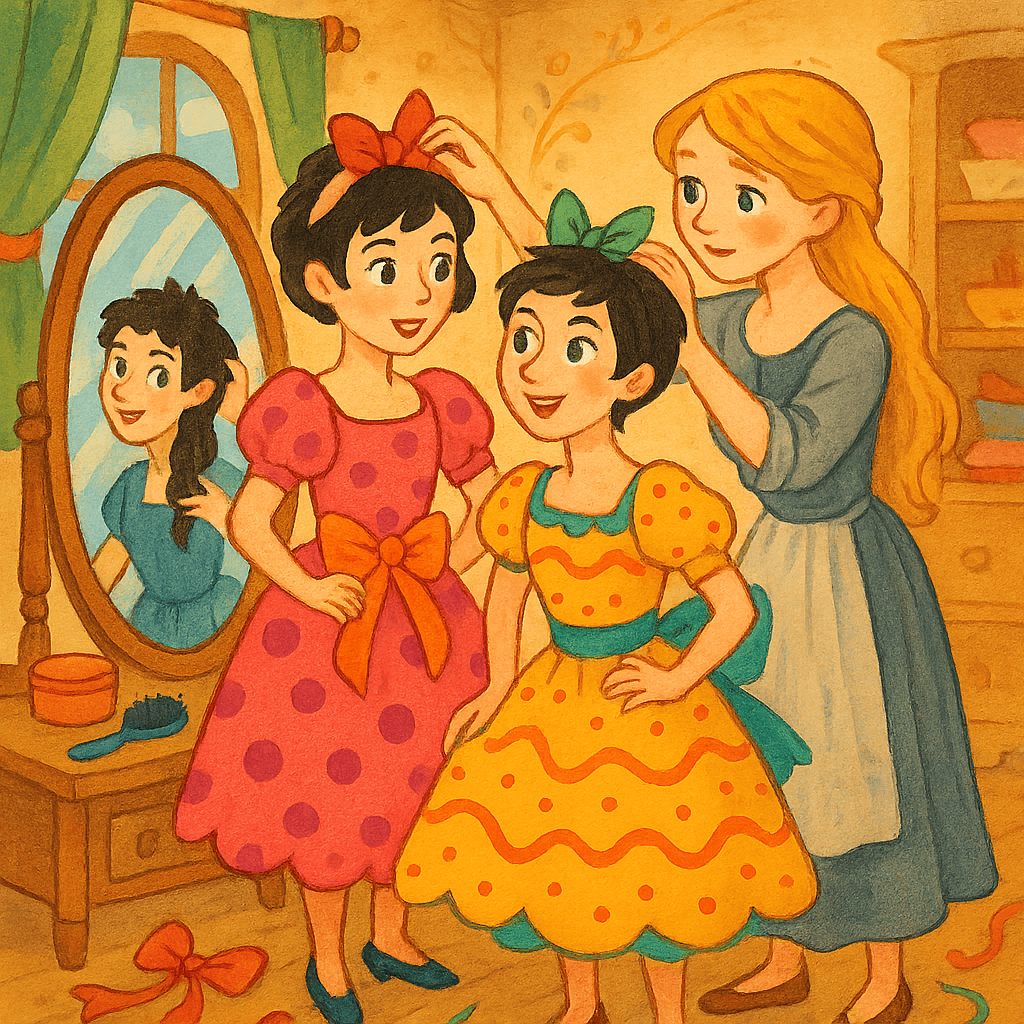 Сёстры примеряют платья перед балом, а Золушка помогает им с причёсками