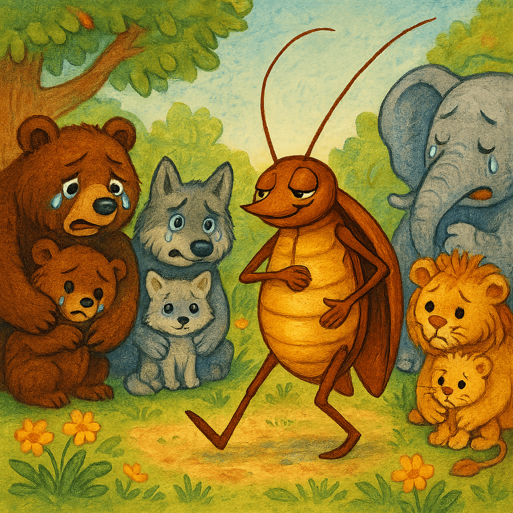 Таракан требует от зверей отдать ему детёнышей на ужин.