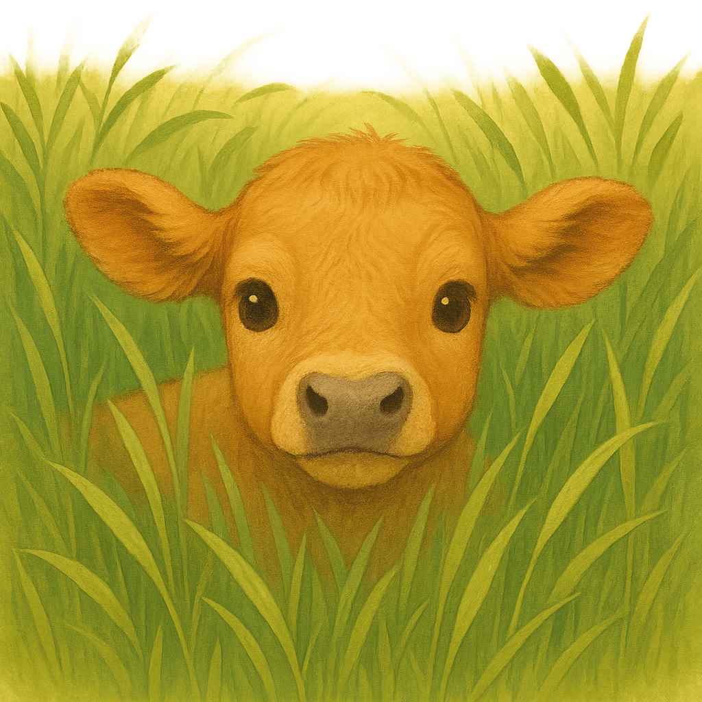 Телёнок Алёшка лежит в высокой траве