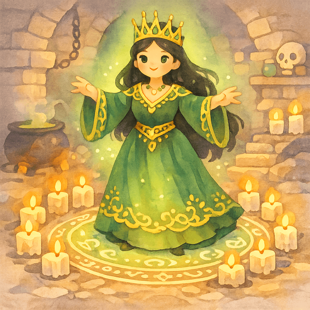 Королева-колдунья творит заклинание в подземелье замка