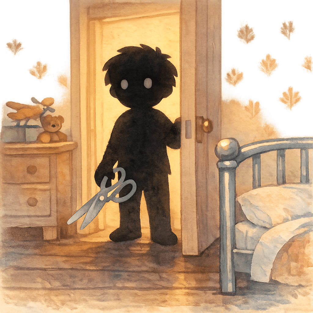 Тень мальчика режет верёвку ножницами в детской комнате