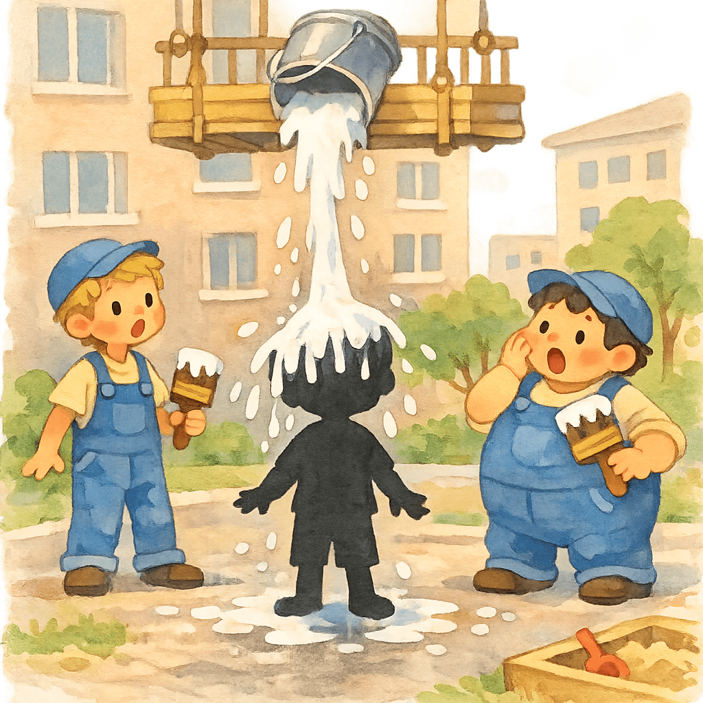 Тень мальчика обливается известкой под люлькой маляров