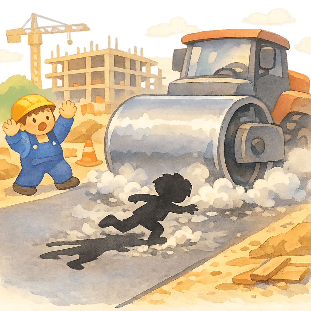 Тень мальчика попадает под каток на стройке