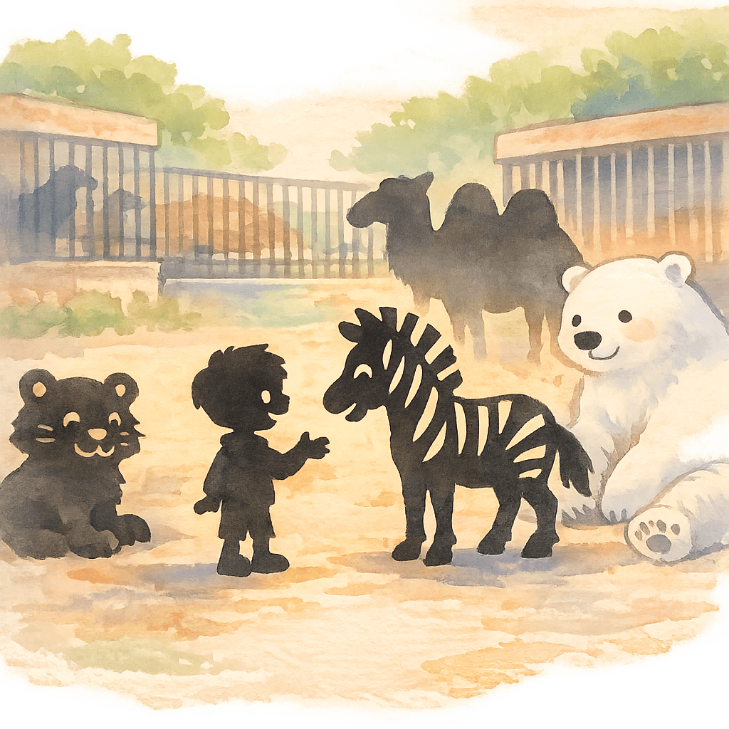 Тень мальчика и тени зверей дружат в зоопарке