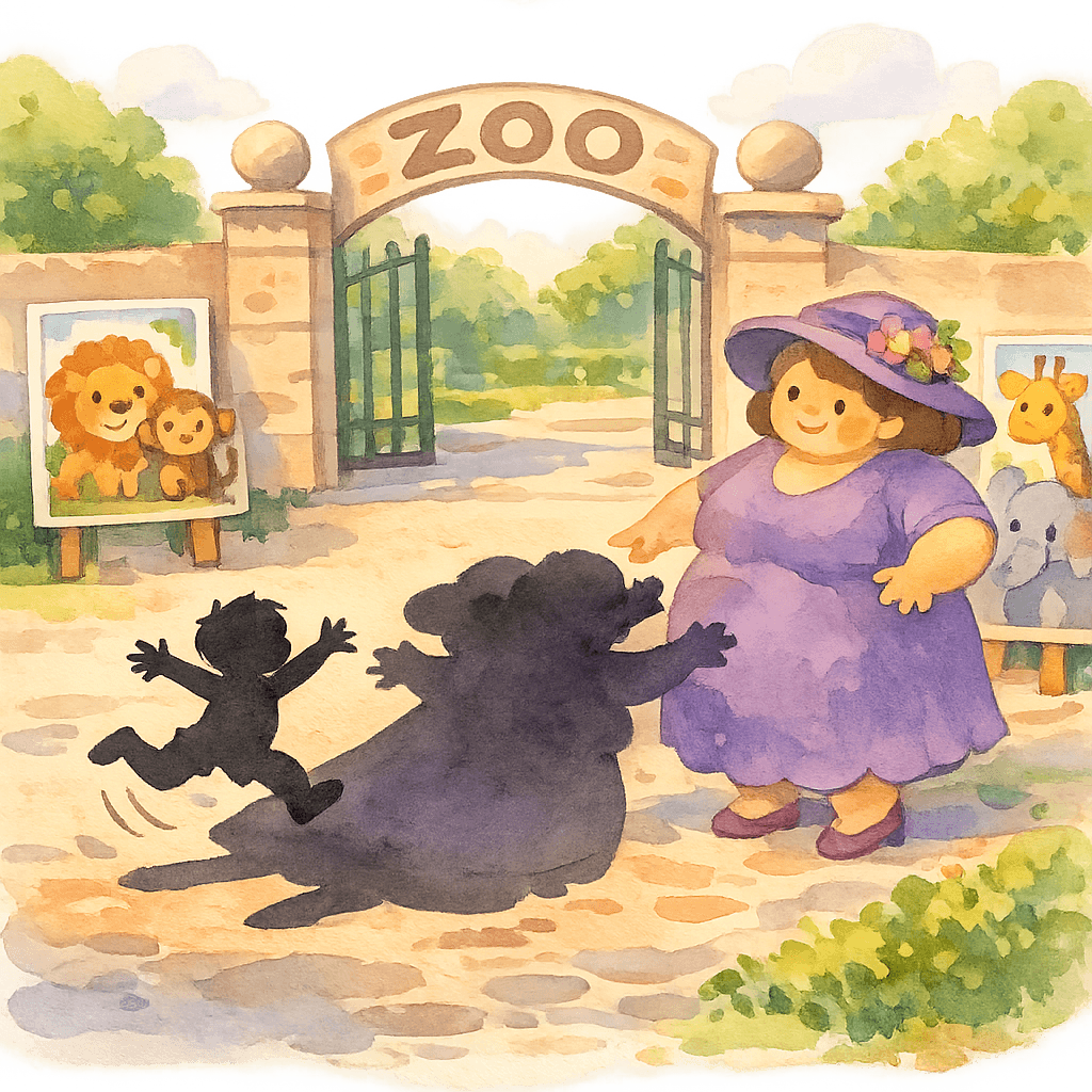 Тень мальчика спряталась в тени толстой тёти в шляпе