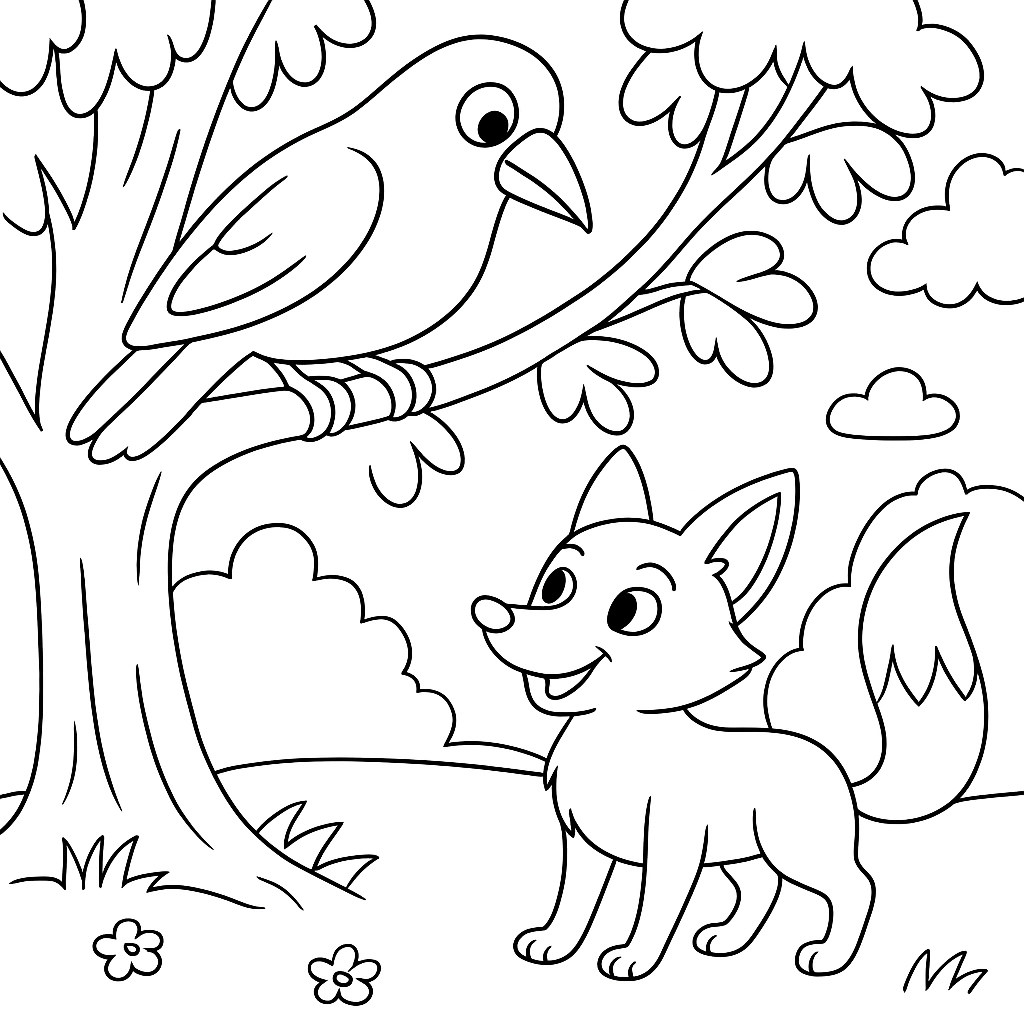 Раскраска по сказке "Лиса и тетерев"