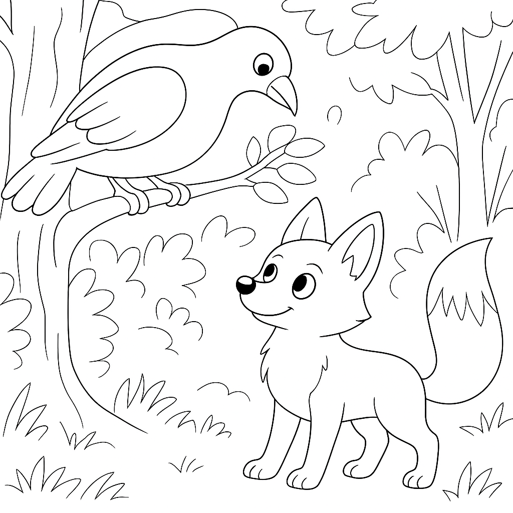 Раскраска по сказке "Лиса и тетерев"