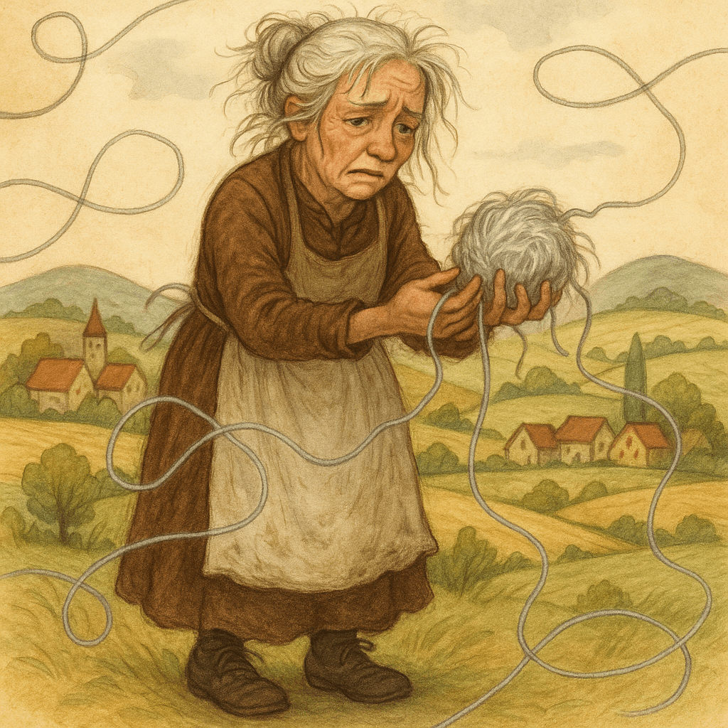 Растрепанная тетушка Миетта с клубком, на фоне разные деревни и поля