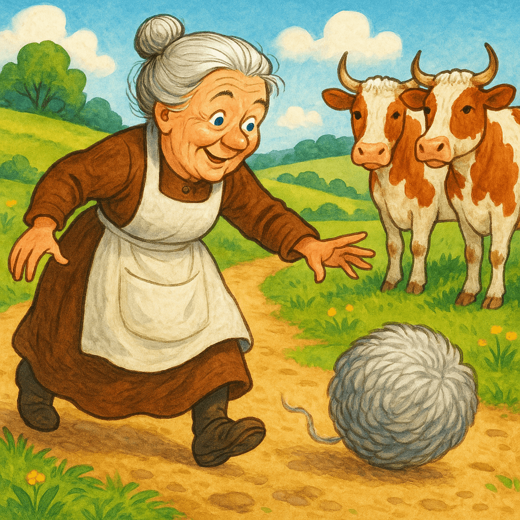 Тетушка Миетта наклоняется за клубком шерсти, рядом идут коровы