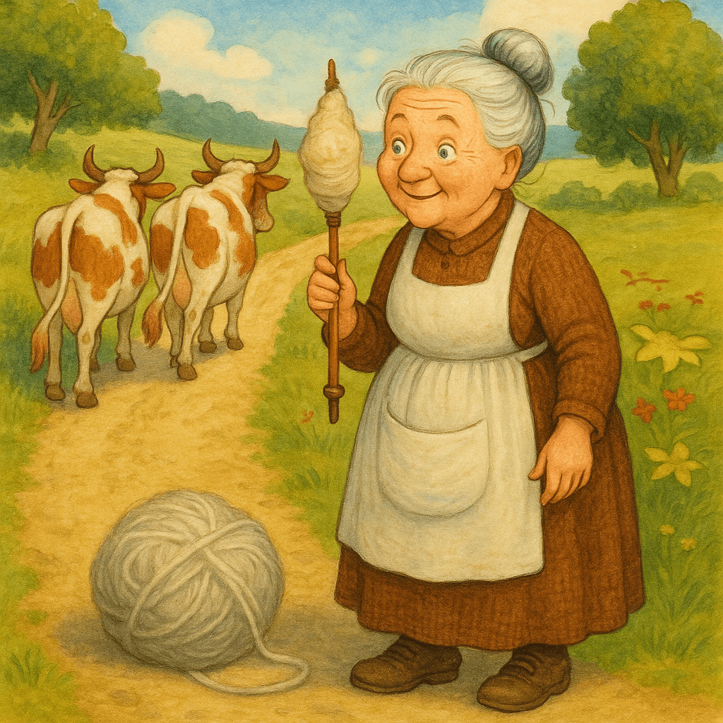 Тетушка Миетта на деревенской дороге с клубком шерсти и коровами
