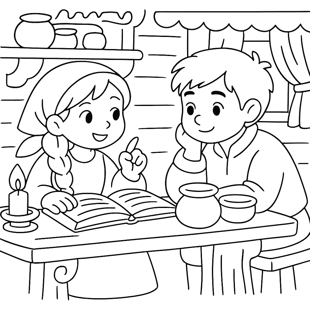 Раскраска по сказке "Сказка о строителях башни и умной жене"