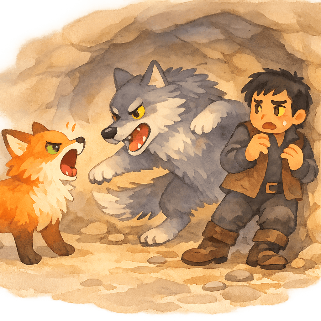 Лисица указывает на Скупого, волк бросается к нему