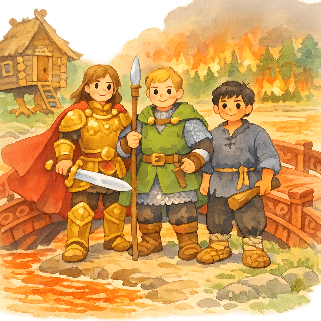 Три богатыря стоят у Калинова моста, рядом избушка на курьих ножках