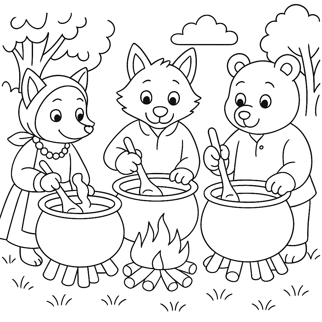 Раскраска по сказке "Лиса, волк и медведь"