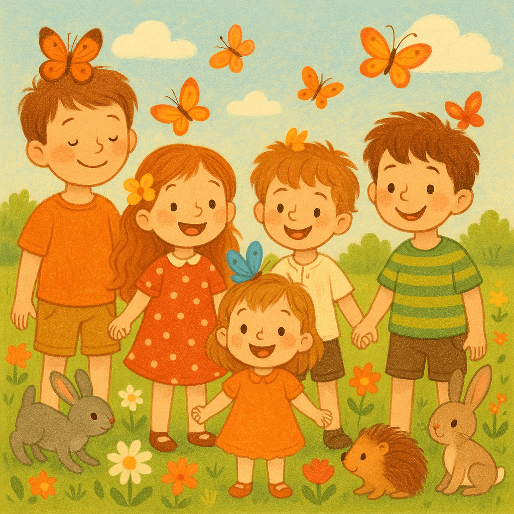 Три брата и две сестры на лужайке с цветами, добрые зверята, бабочки, радостный детский стиль.