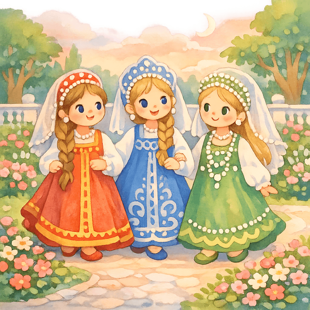 Три царские дочери гуляют по большому цветущему саду