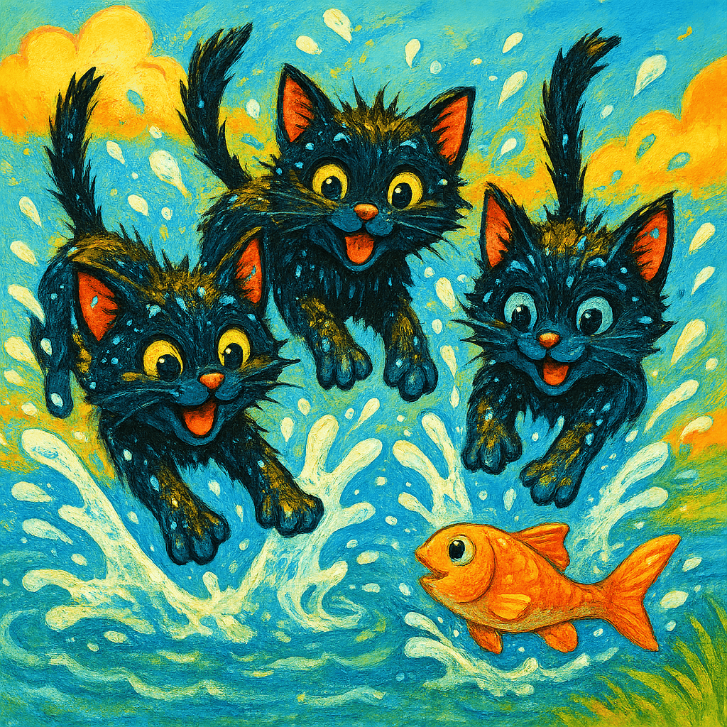 Котята прыгают в воду за рыбой