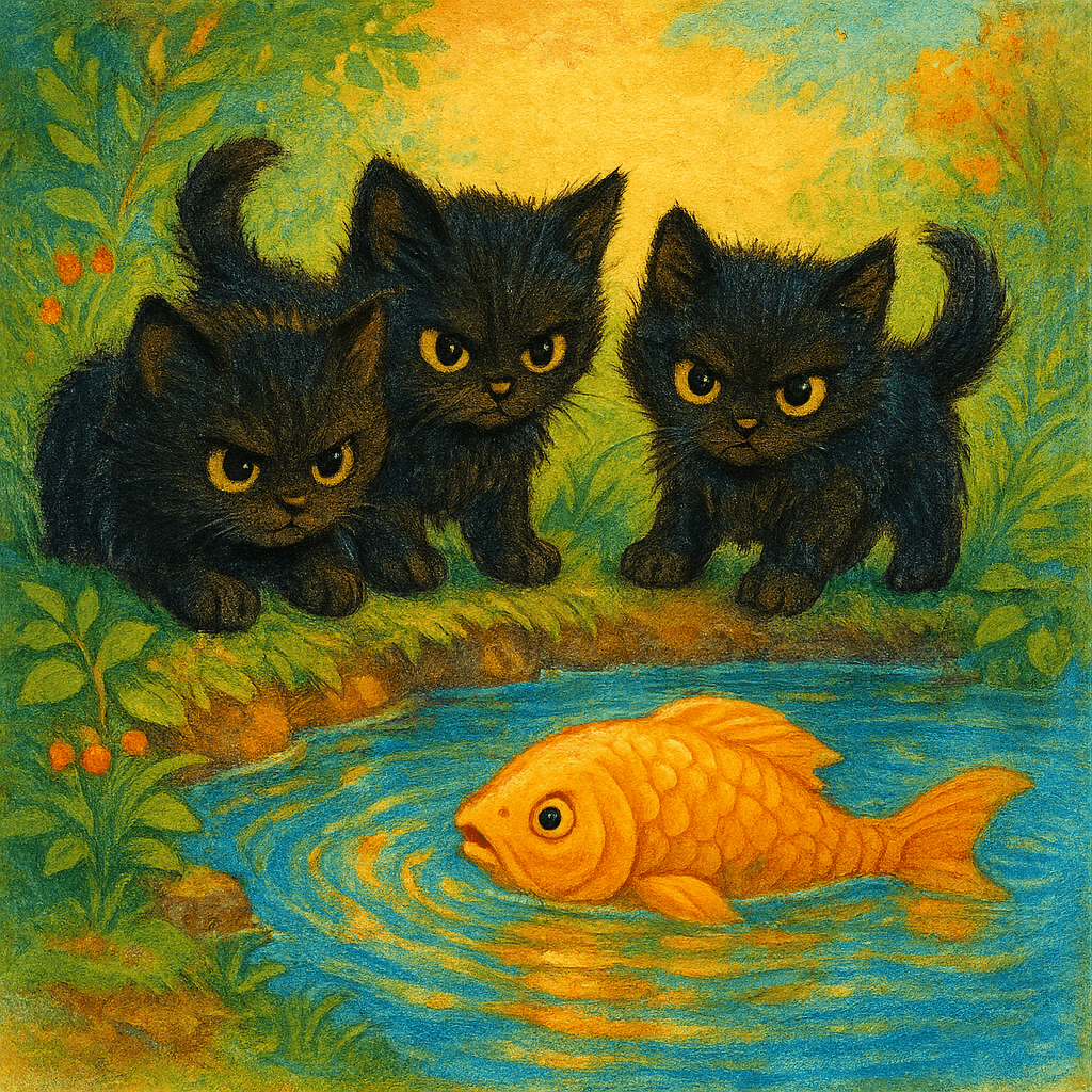 Три чёрных котёнка наблюдают рыбу у пруда