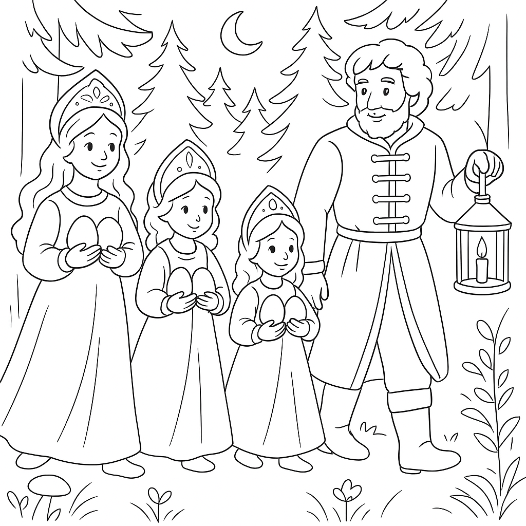 Раскраска по сказке "Утро, полдень и вечор"