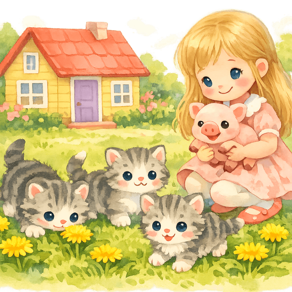 Три полосатых котёнка ползают по травке, рядом стоит улыбающаяся девочка с поросёнком, на заднем плане домик