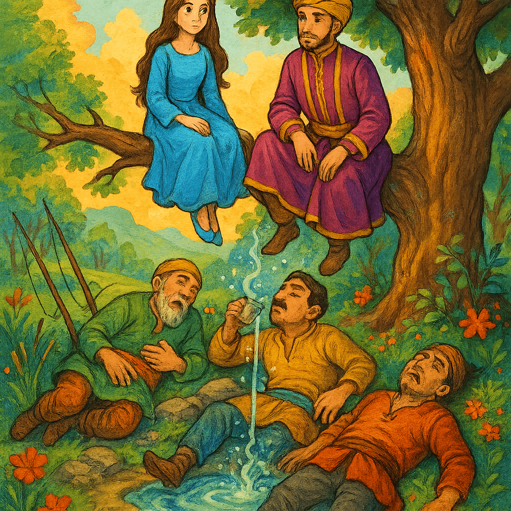 Рыбаки пьют воду у источника и падают без чувств под взглядом царевича и девушки.