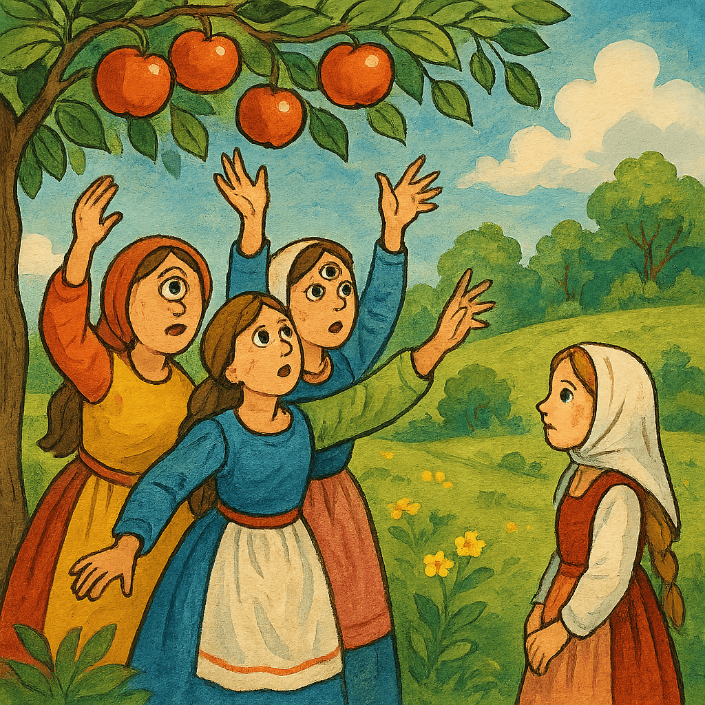 Сестры не могут достать волшебные яблочки с яблони
