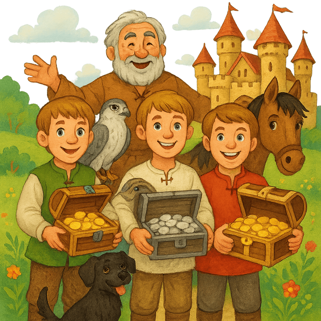 Братья и их отец у замка с сундуками золота и серебра.