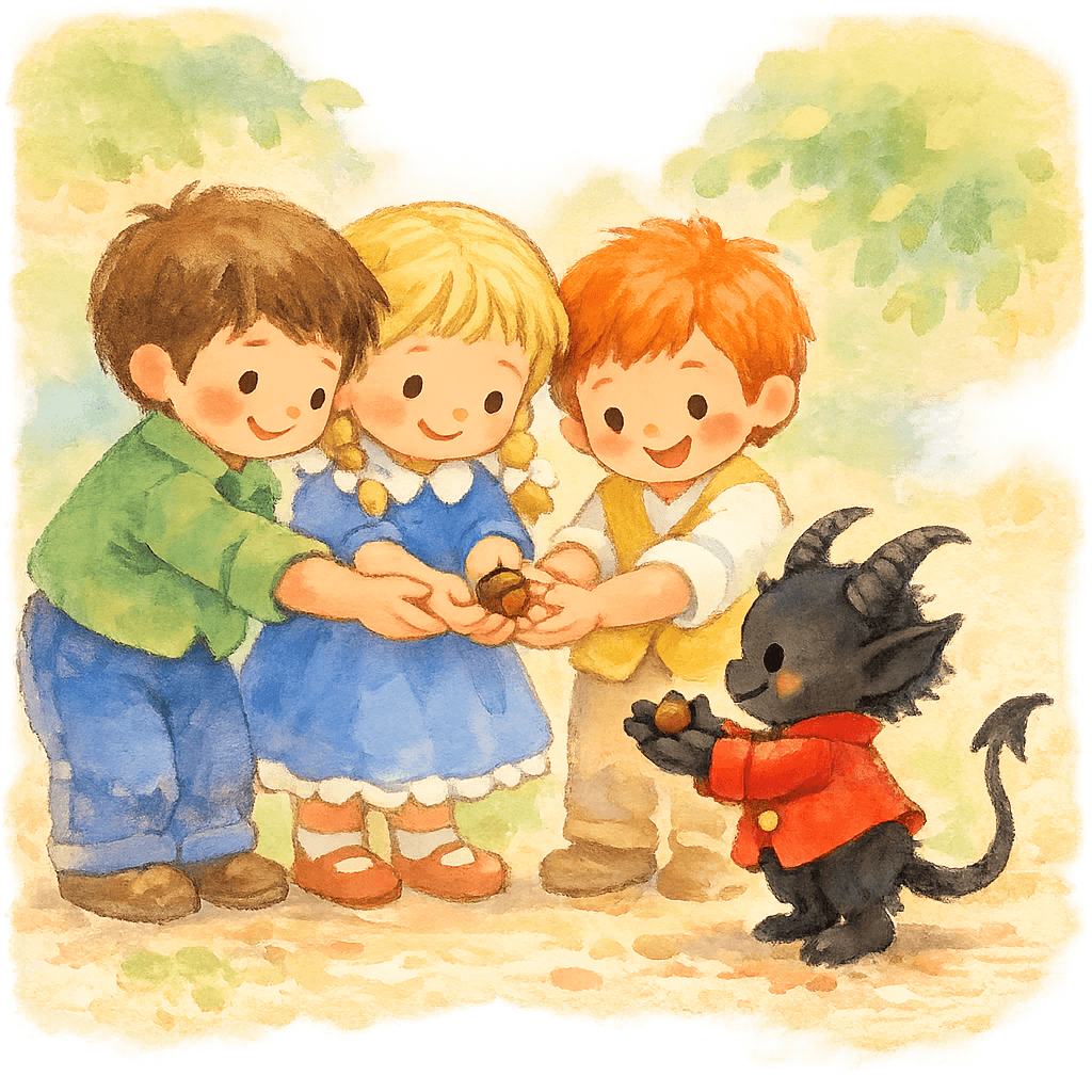 Дети удивленно смотрят, как бес залезает в орех